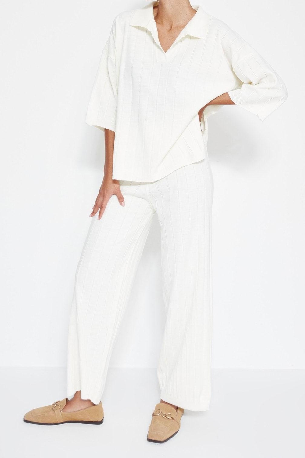 Tarz Kadın Modern Moda Normal Bel Boru Paça Polo Yaka Basic Fitilli Triko Alt-Üst Takım