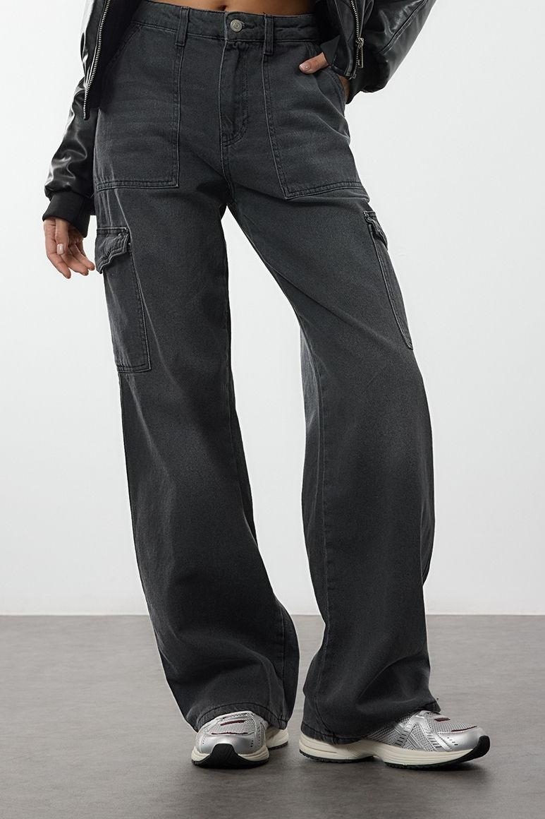 Stil Kadın Moda Denim Kot Pantolon Uzun Geniş Paça Kargo Cepli Yüksek Bel Jeans