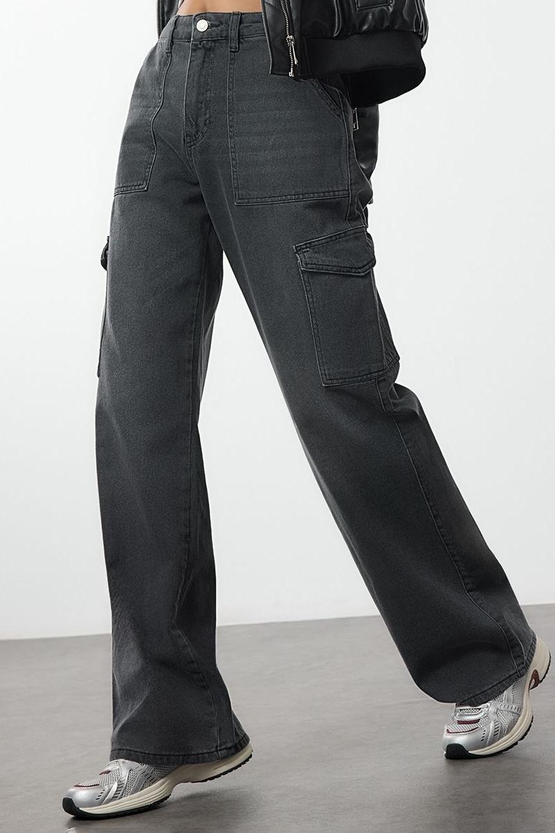 Stil Kadın Moda Denim Kot Pantolon Uzun Geniş Paça Kargo Cepli Yüksek Bel Jeans