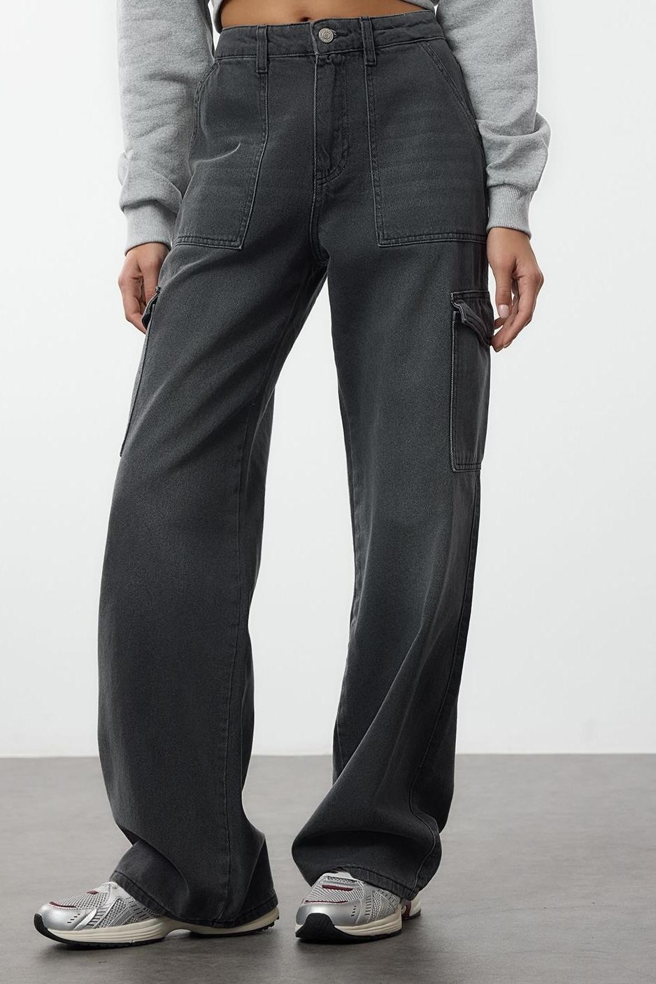 Stil Kadın Moda Denim Kot Pantolon Uzun Geniş Paça Kargo Cepli Yüksek Bel Jeans