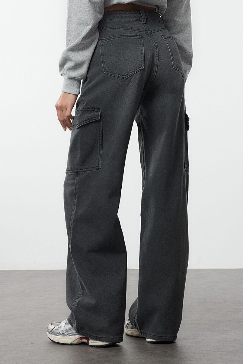 Stil Kadın Moda Denim Kot Pantolon Uzun Geniş Paça Kargo Cepli Yüksek Bel Jeans
