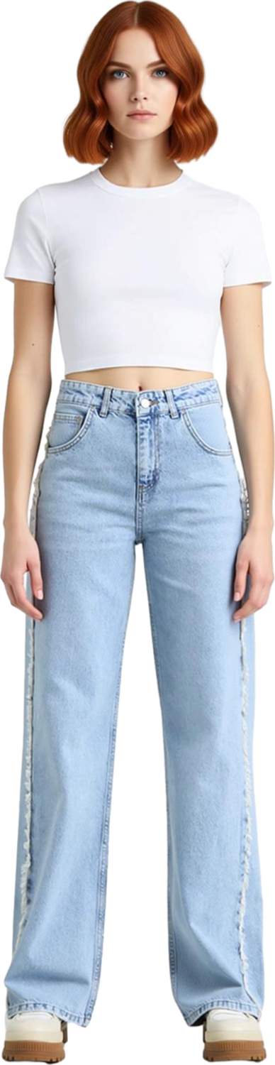 Kadın Açık Püsküllü Yüksek Bel Straight Denim Pantolon Fonksiyonel Dayanıklı Kaliteli Spor