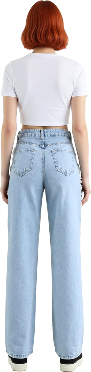 Kadın Açık Püsküllü Yüksek Bel Straight Denim Pantolon Fonksiyonel Dayanıklı Kaliteli Spor