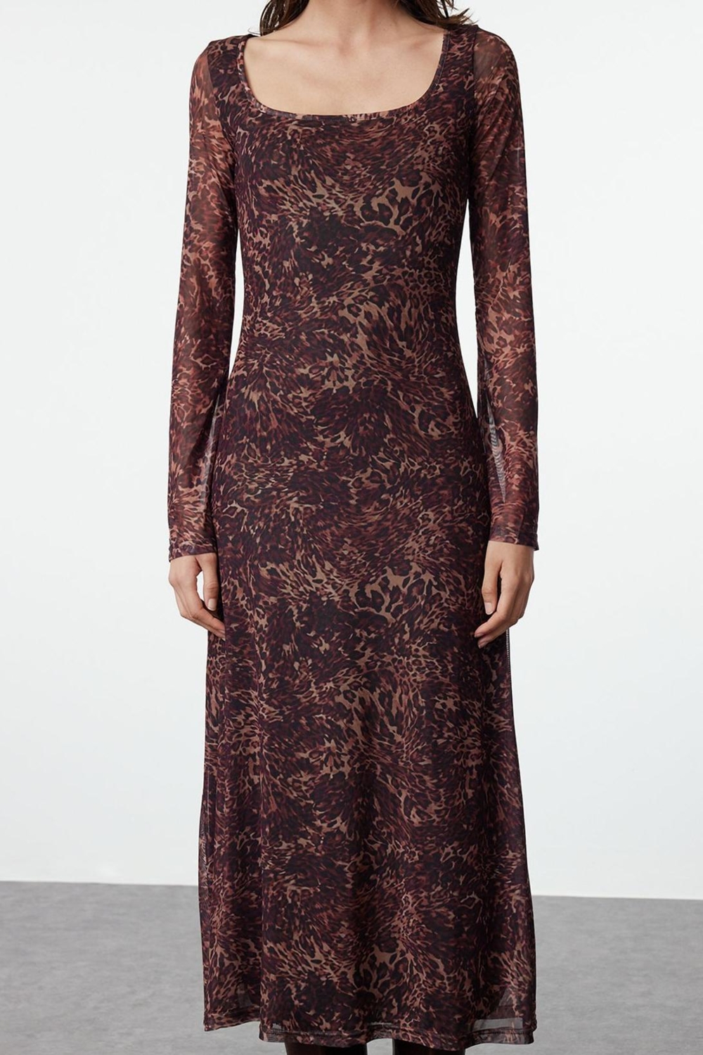 Moda Stil Slim Kare Yaka Maxi Boy Çiçekli Desenli Bodycone Vücuda Oturan Örme Elbise