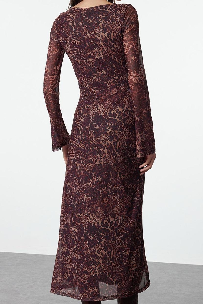 Moda Stil Slim Kare Yaka Maxi Boy Çiçekli Desenli Bodycone Vücuda Oturan Örme Elbise