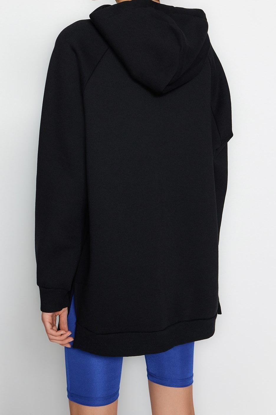 Tarz Bol Kapüşonlu Düşük Kol Uzun Şardonlu Örme Sweatshirt