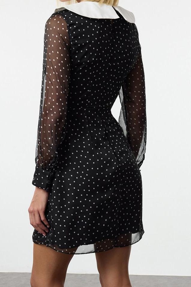 Moda Stil Regular V Yaka Mini Boy Yaka Detaylı Fiyonklu Şifon Dokuma Elbise