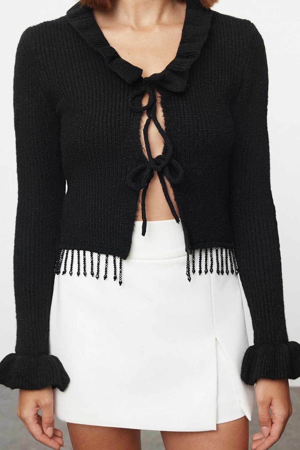 Kadın Modern Tarz Regular Polo Yaka Crop Triko Hırka
