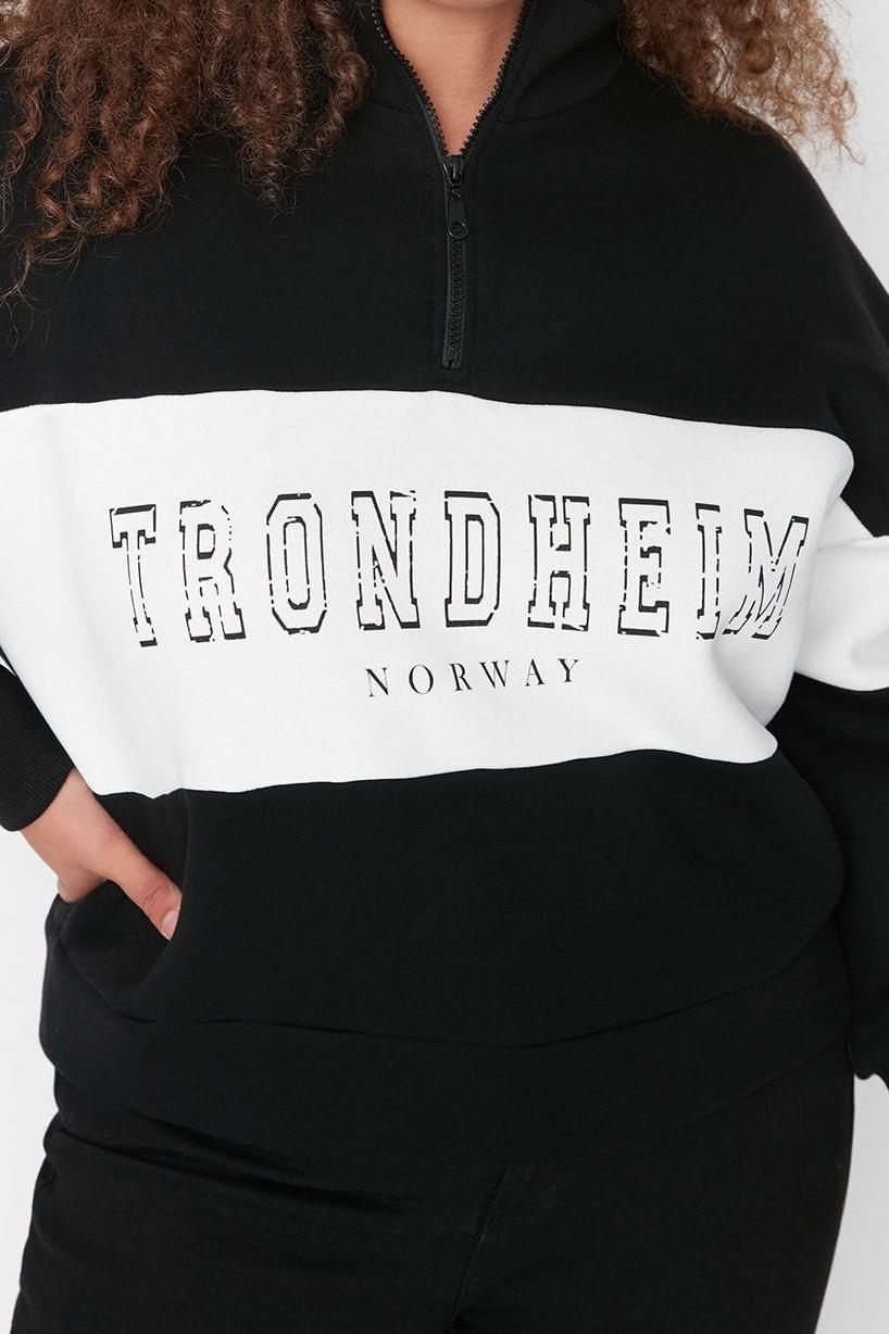 Büyük Beden Tarz Regular Dik Yaka Düşük Kol Regular Fermuarlı Kalın Şardonlu Örme Sweatshirt
