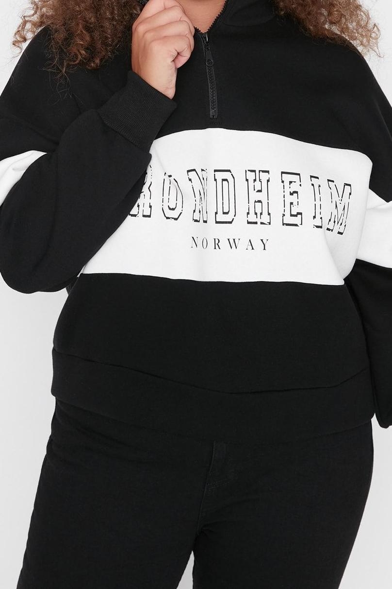 Büyük Beden Tarz Regular Dik Yaka Düşük Kol Regular Fermuarlı Kalın Şardonlu Örme Sweatshirt