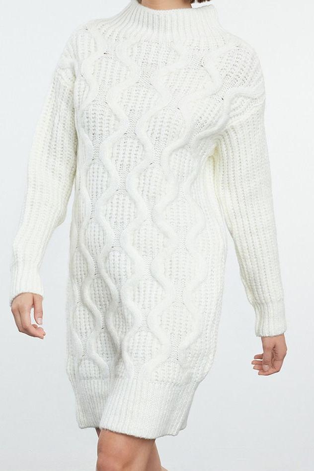 Moda Stil Regular Dik Yaka Mini Boy Triko Yumuşak Dokulu Saç Örgü Elbise