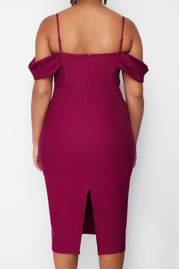 Moda Stil Fitted Carmen Yaka Midi Boy Büyük Beden Düz Bodycone Dokuma Büyük Beden Elbise