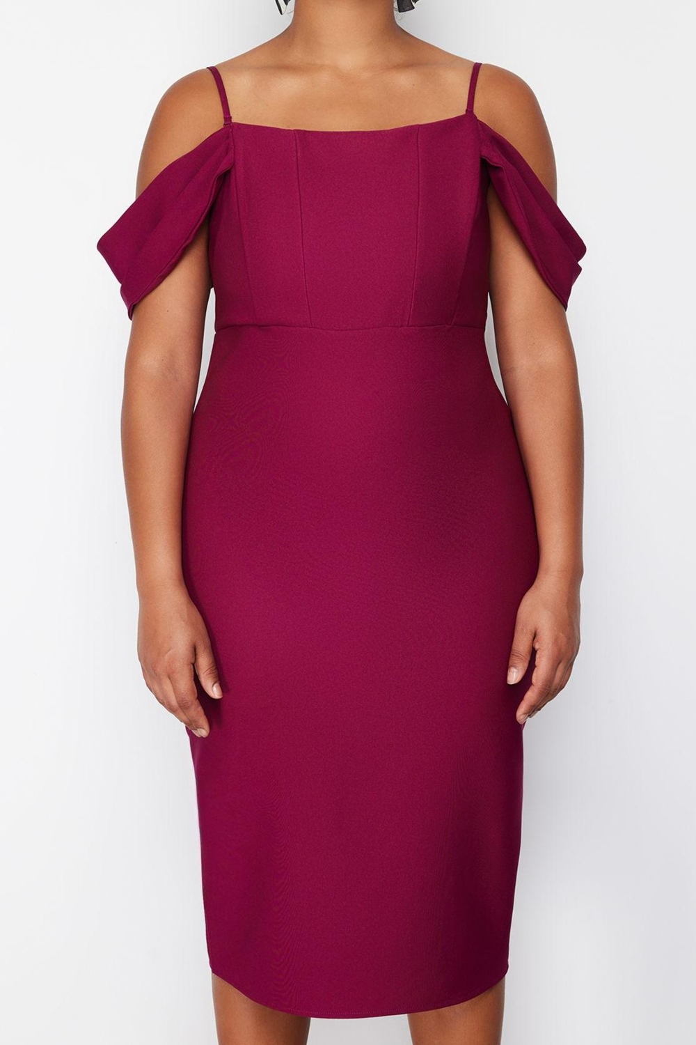 Moda Stil Fitted Carmen Yaka Midi Boy Büyük Beden Düz Bodycone Dokuma Büyük Beden Elbise