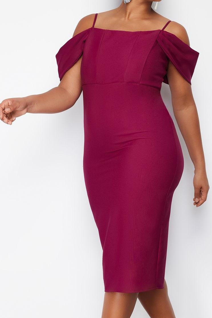 Moda Stil Fitted Carmen Yaka Midi Boy Büyük Beden Düz Bodycone Dokuma Büyük Beden Elbise