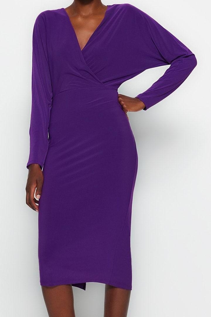 Kadın Bodycon V Yaka Midi Elbise Esnek Örme Polyester Karışımlı Düz Desen Uzun Kollu Kışlık Günlük