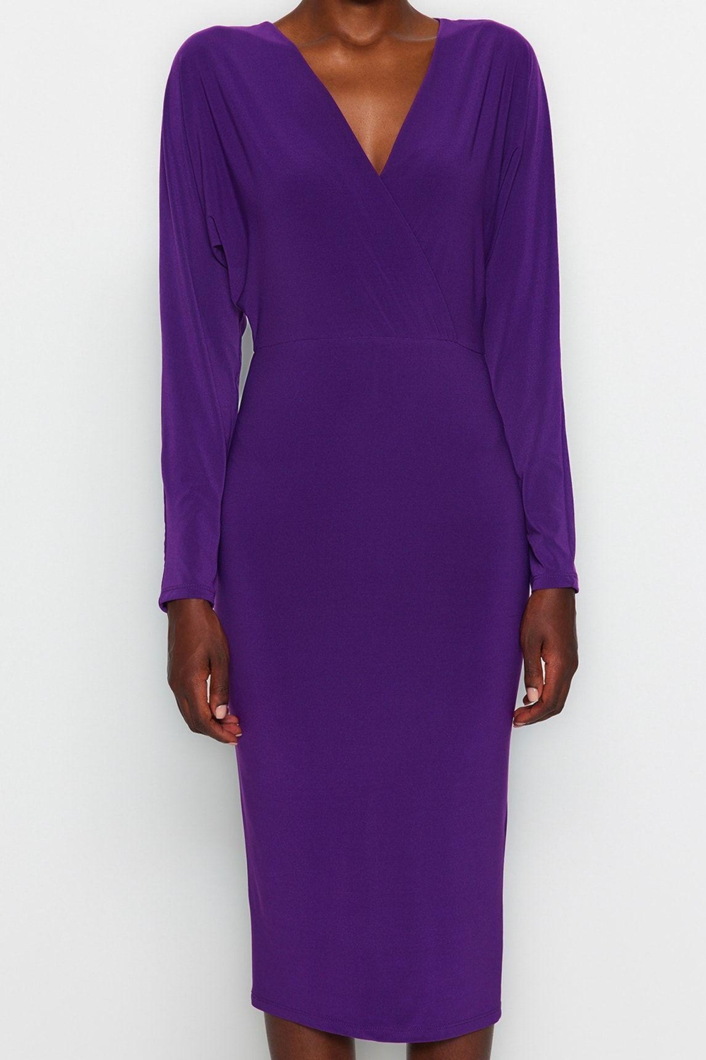 Kadın Bodycon V Yaka Midi Elbise Esnek Örme Polyester Karışımlı Düz Desen Uzun Kollu Kışlık Günlük