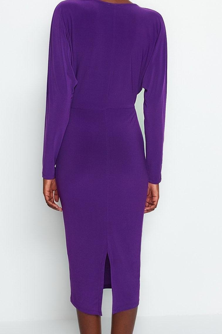 Kadın Bodycon V Yaka Midi Elbise Esnek Örme Polyester Karışımlı Düz Desen Uzun Kollu Kışlık Günlük