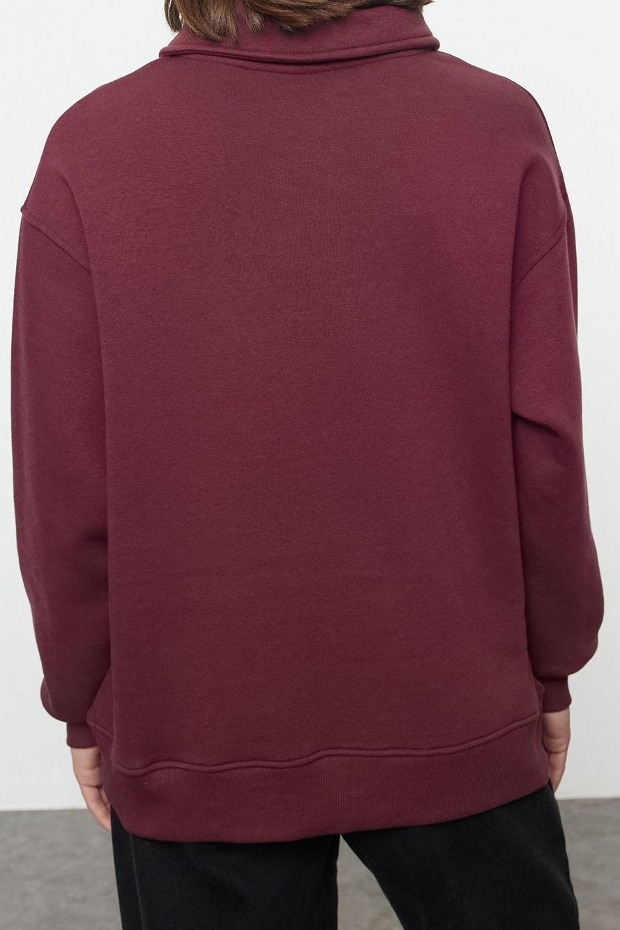 Oversize Fermuarlı Yaka Uzun Kalıp Kalın Polarlı Slogan Baskılı Fermuarlı Örme Sweatshirt