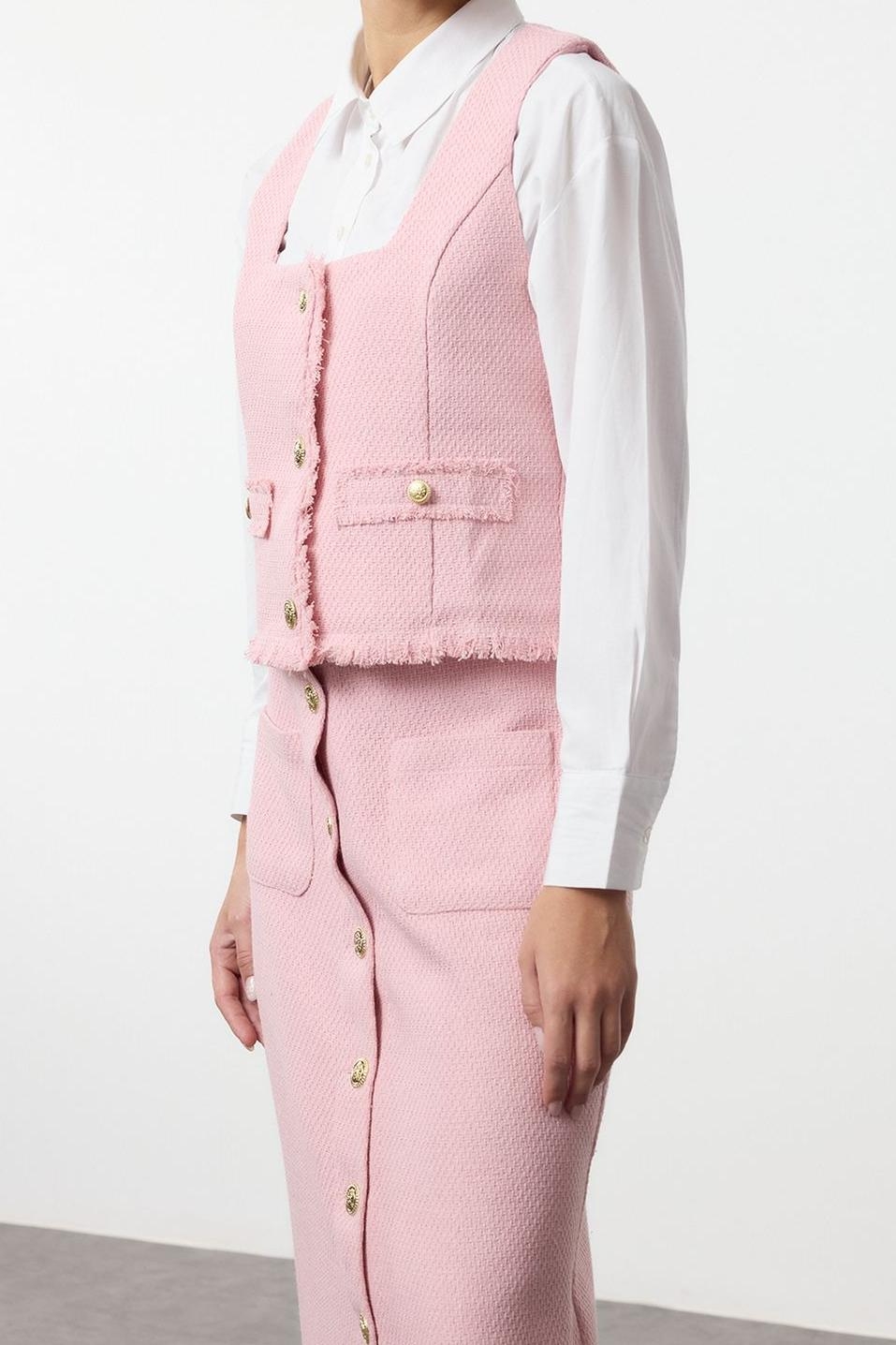 Tarz Kadın Modern Moda Normal Bel Boru Paça V Yaka Pembe Tüvit Yelek Etek Dokuma Alt Üst Takım