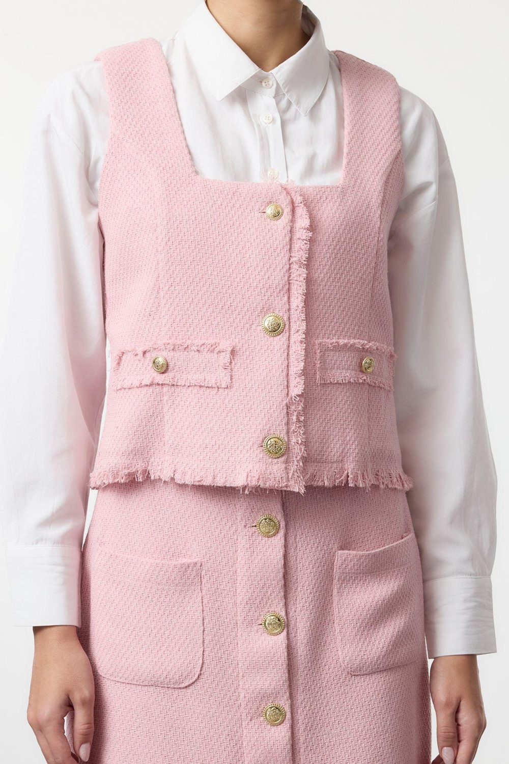 Tarz Kadın Modern Moda Normal Bel Boru Paça V Yaka Pembe Tüvit Yelek Etek Dokuma Alt Üst Takım