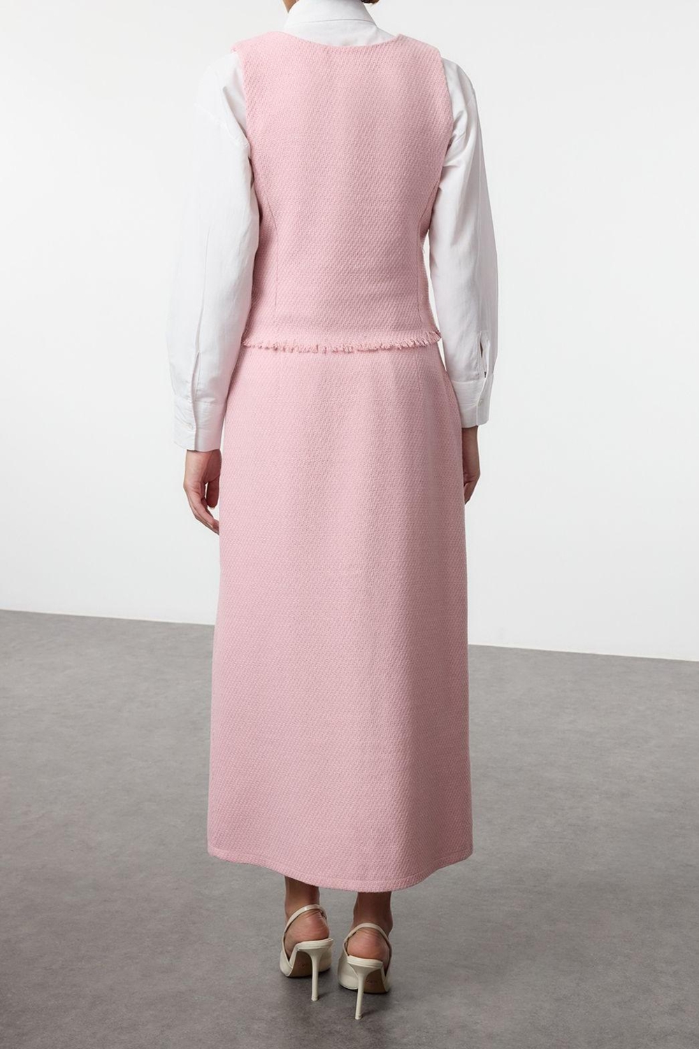 Tarz Kadın Modern Moda Normal Bel Boru Paça V Yaka Pembe Tüvit Yelek Etek Dokuma Alt Üst Takım