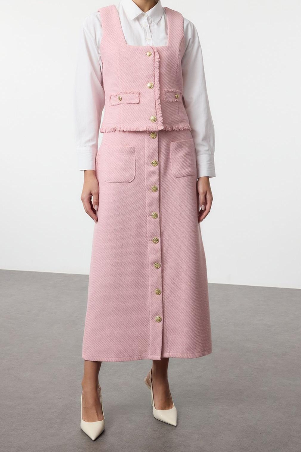Tarz Kadın Modern Moda Normal Bel Boru Paça V Yaka Pembe Tüvit Yelek Etek Dokuma Alt Üst Takım
