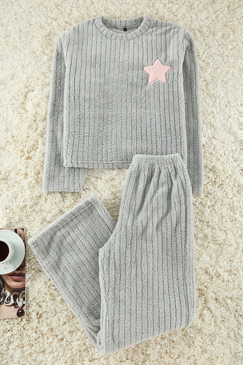 Tarz Rahat Uzun Kollu Boru Paça Yıldız Nakışlı Çizgili Kışlık Wellsoft Örme Pijama Takımı