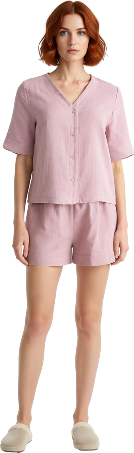 Kadın V Yaka Kısa Kollu Müslin Pijama Seti Fonksiyonel Dayanıklı Kaliteli Konforlu Estetik