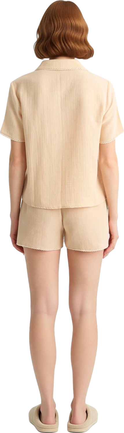 Kadın Gömlek Yaka Nakışlı Müslin Pijama Takımı Kısa Kollu Şortlu Fonksiyonel Dayanıklı Şık