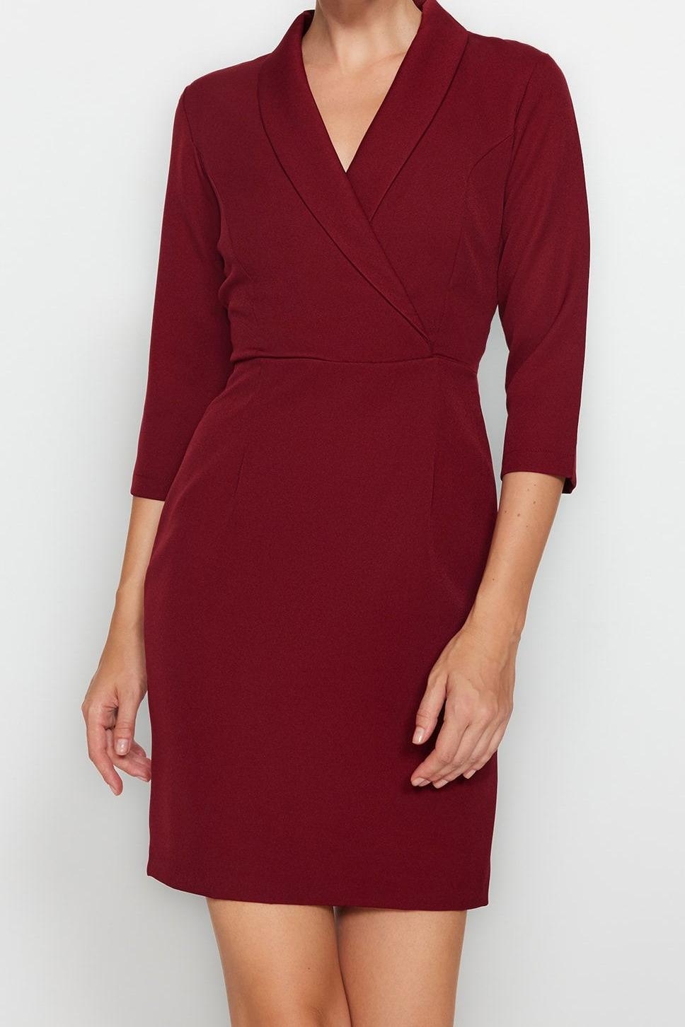 Kadınlara Özel Bodycon Kesim Ceket Yaka Mini Elbise Dokuma Kumaş Kemerli Şık Tasarım Kaliteli