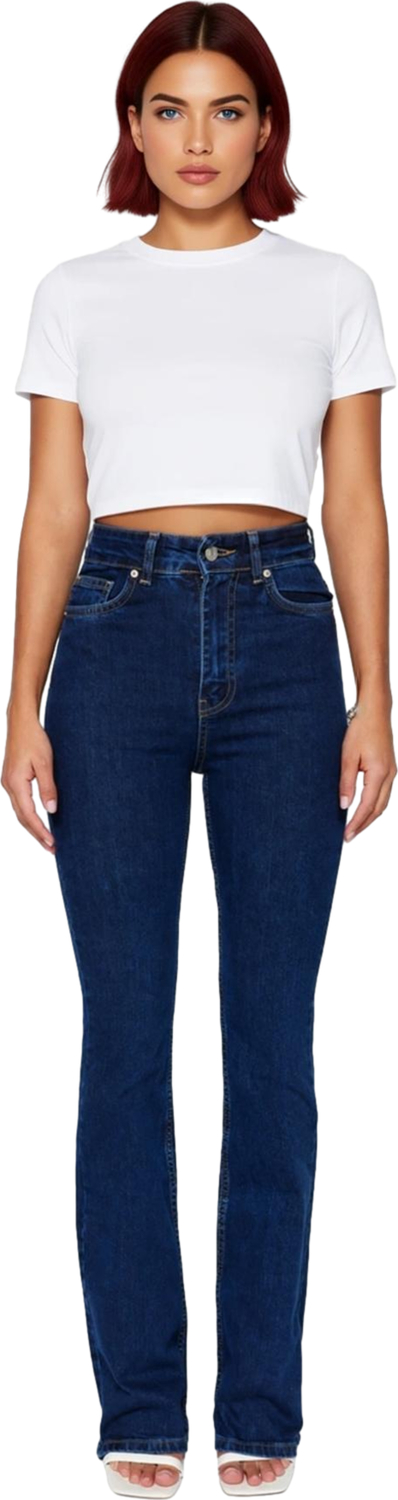 Kadın Yüksek Bel İspanyol Paça Koyu Denim Pantolon Fonksiyonel Dayanıklı Kaliteli Konforlu