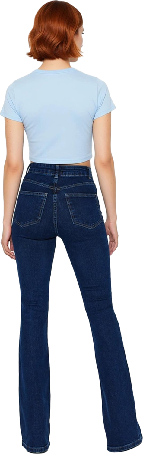 Kadın Yüksek Bel İspanyol Paça Koyu Denim Pantolon Fonksiyonel Dayanıklı Kaliteli Konforlu