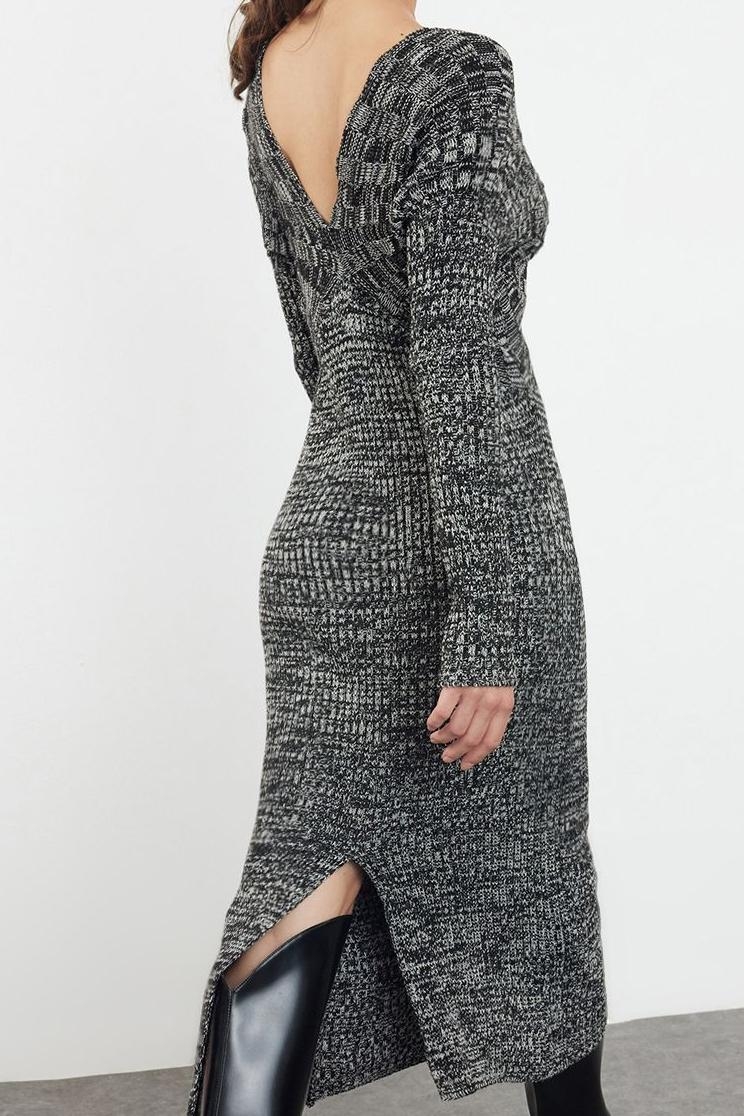 Moda Stil Slim V Yaka Midi Boy Triko Degrade Elbise