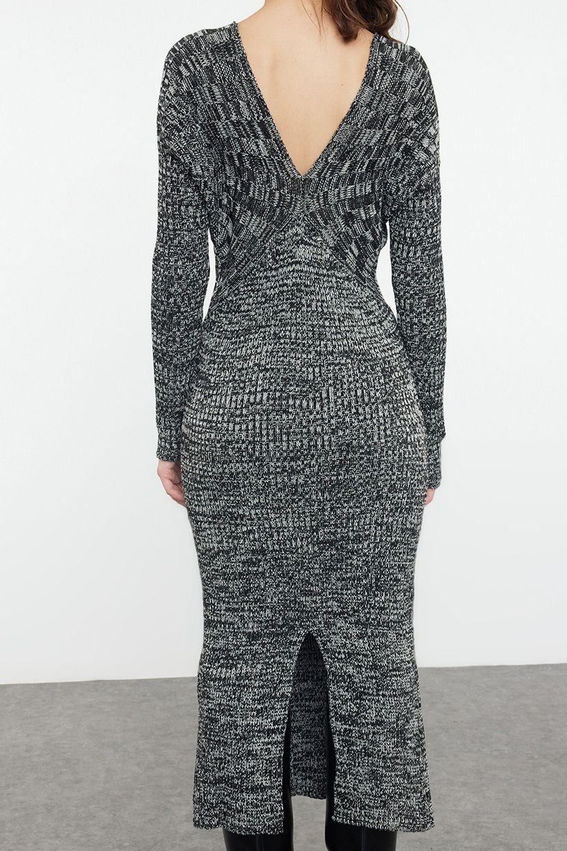 Moda Stil Slim V Yaka Midi Boy Triko Degrade Elbise