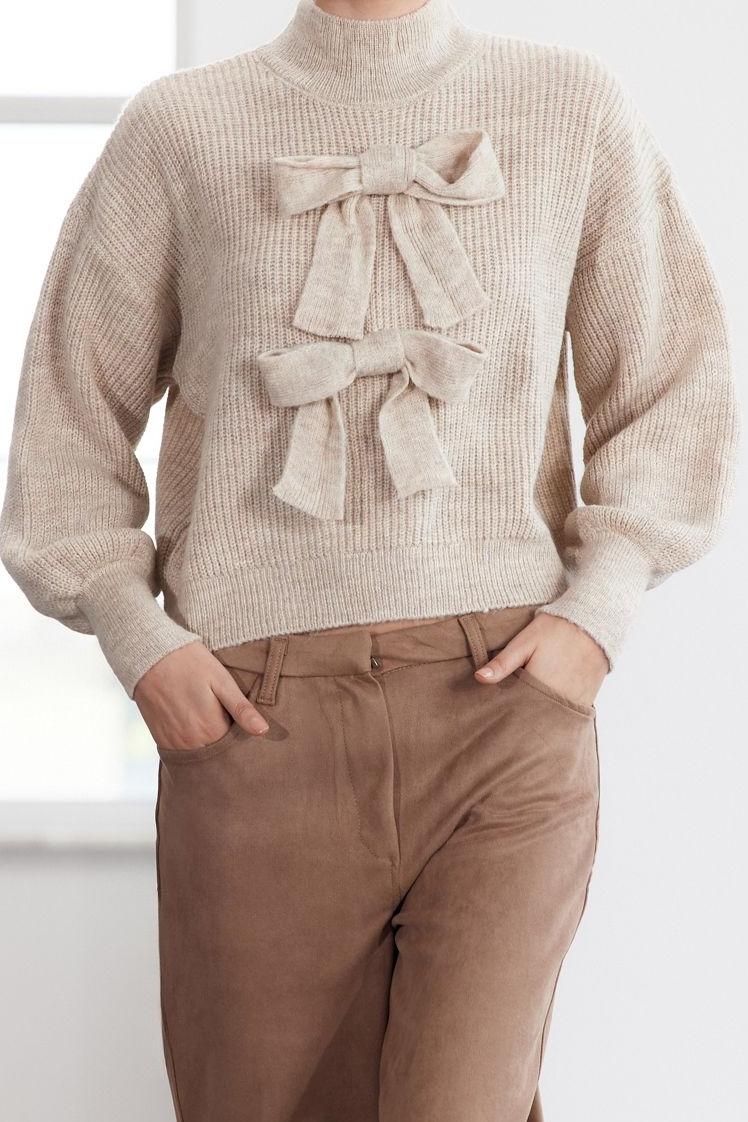 Stil Kadın Regular Standart Kol Bisiklet Yaka Geniş Kalıp Yumuşak Dokulu Kurdeleli Triko Kazak