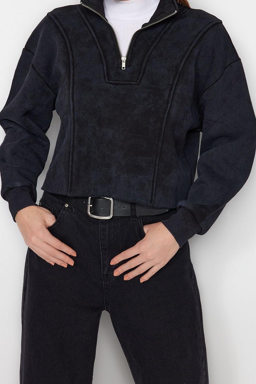 Crop Fermuarlı Yaka Düşük Kol Crop Eskitme Kalın İçi Polarlı Rahat Kesim Crop Örme Sweatshirt