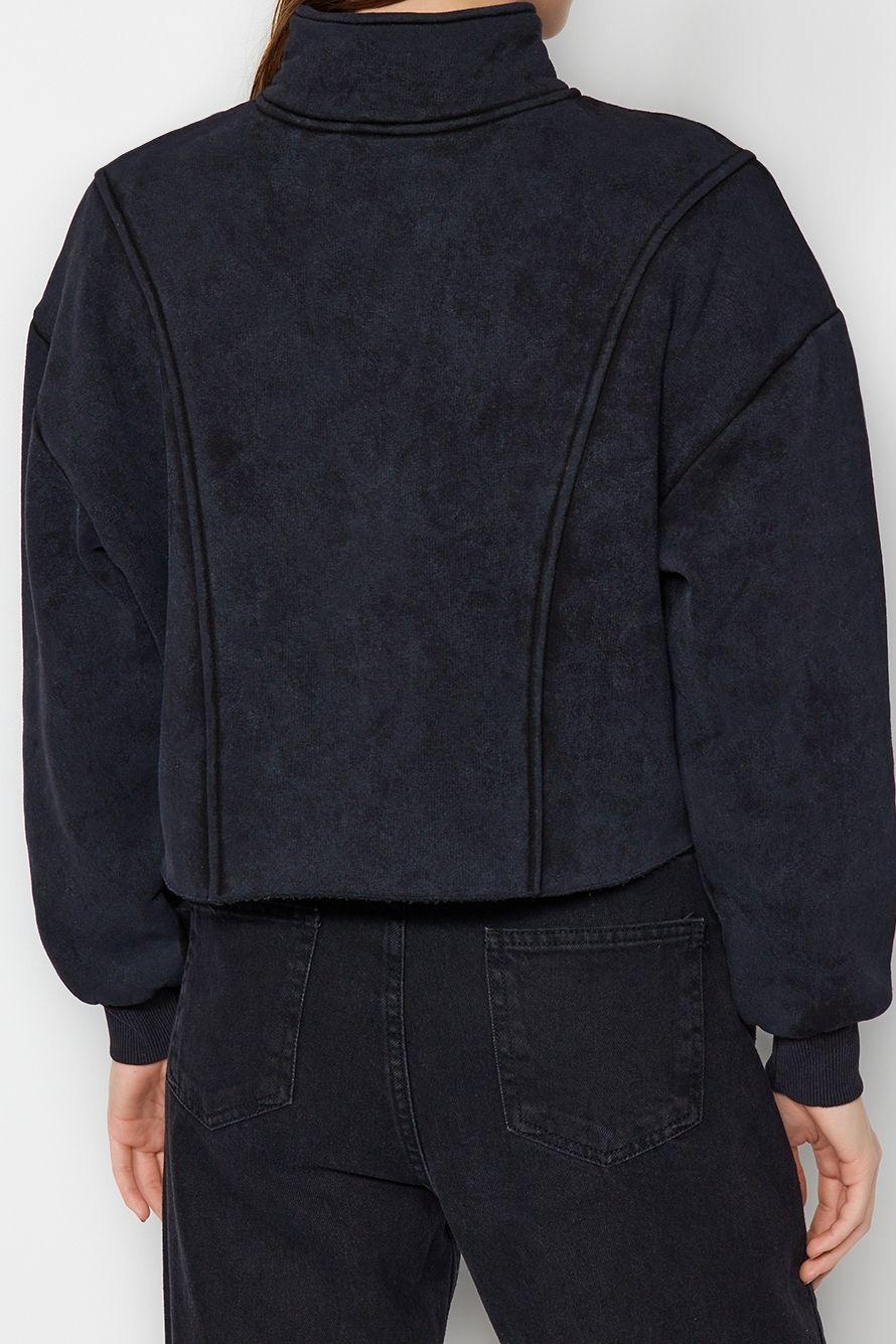 Crop Fermuarlı Yaka Düşük Kol Crop Eskitme Kalın İçi Polarlı Rahat Kesim Crop Örme Sweatshirt