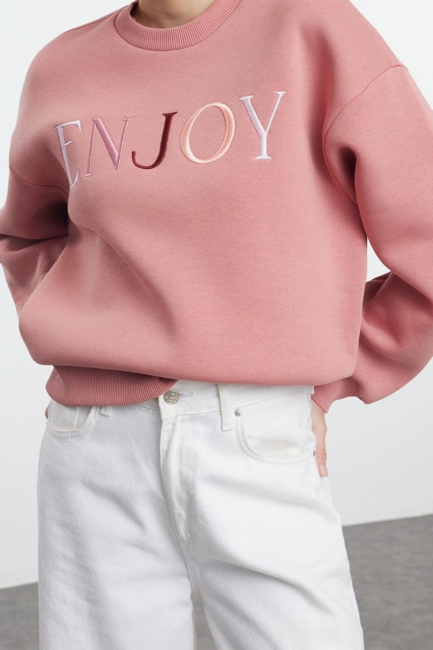Regular Bisiklet Yaka Düşük Kol Standart Slogan Nakış Detaylı Normal Kalıp Örme Sweatshirt