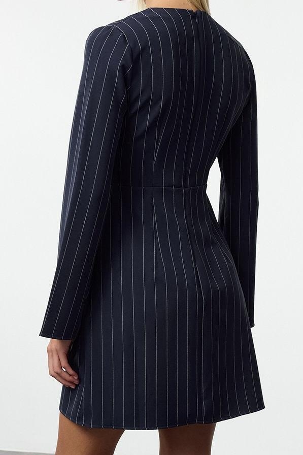 Moda Stil Regular Kruvaze Mini Boy Çizgili Dokuma Elbise