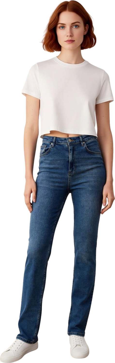 Kadın Yüksek Bel Esnek Yırtmaçlı Denim Pantolon Fonksiyonel Dayanıklı Kaliteli Konforlu Şık