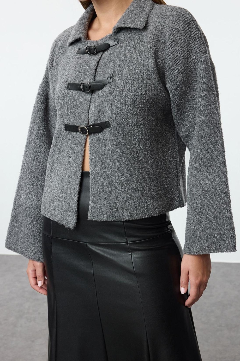 Stil Modern Kadın Regular Standart Kol Polo Yaka Buklet Mont Görünümlü Triko Hırka