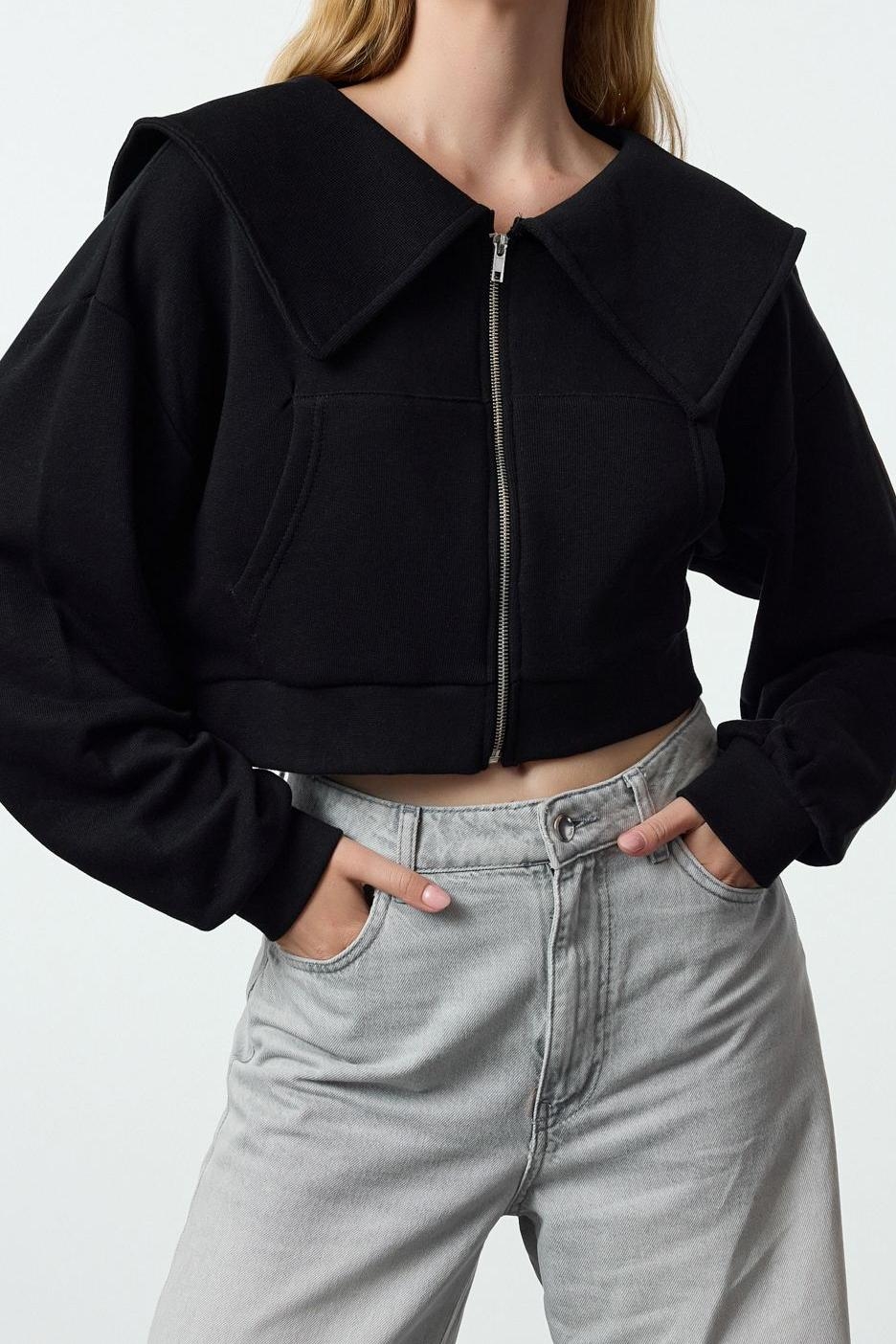 Tarz Crop Polo Yaka Düşük Kol Crop Normal Kalıp Fermuarlı Yaka Detaylı Örme Sweatshirt