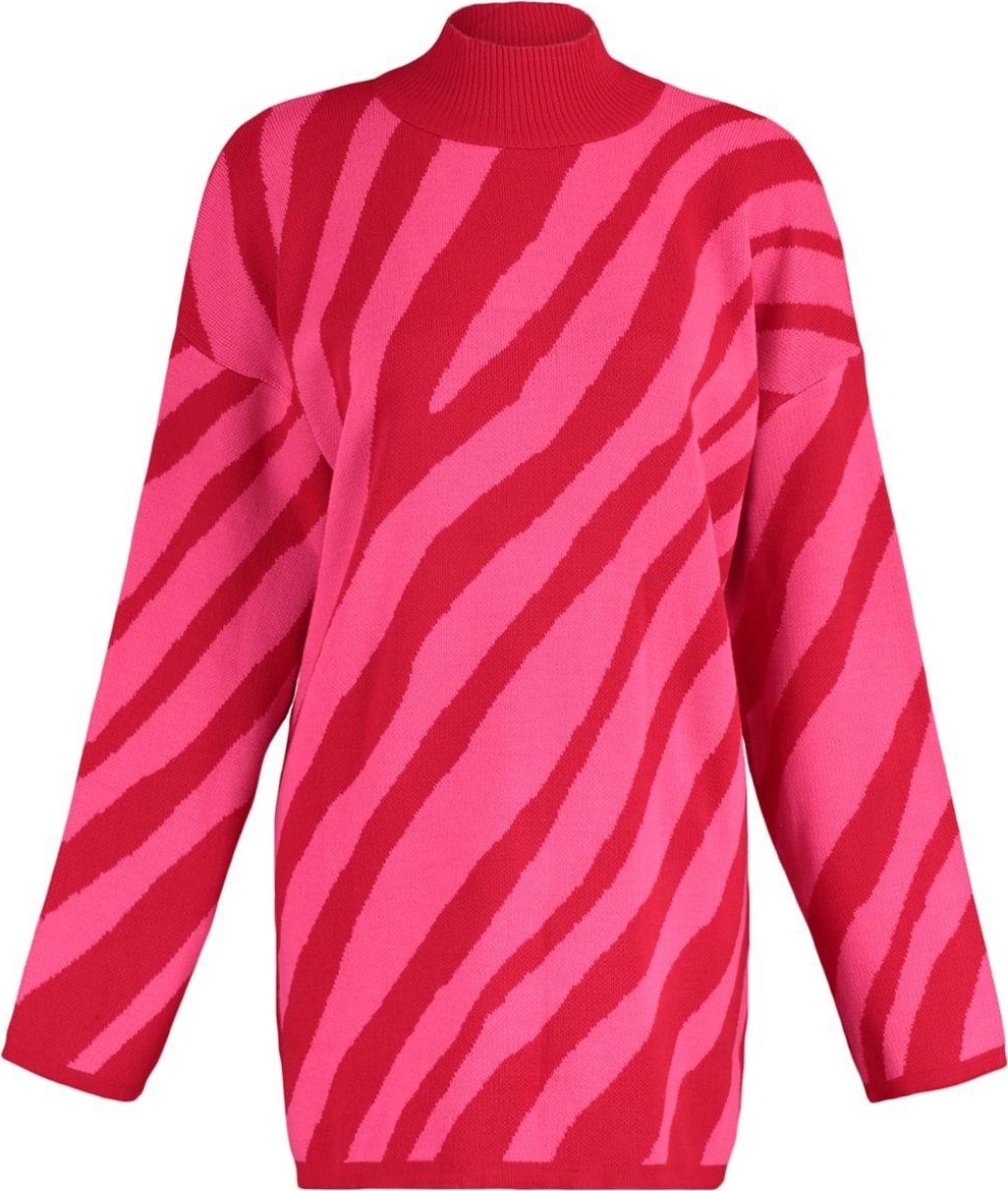 Stil Modern Kadın Regular Düşük Kol Dik Yaka Tesettür Pembe Animal Çizgi Desenli Triko Kazak