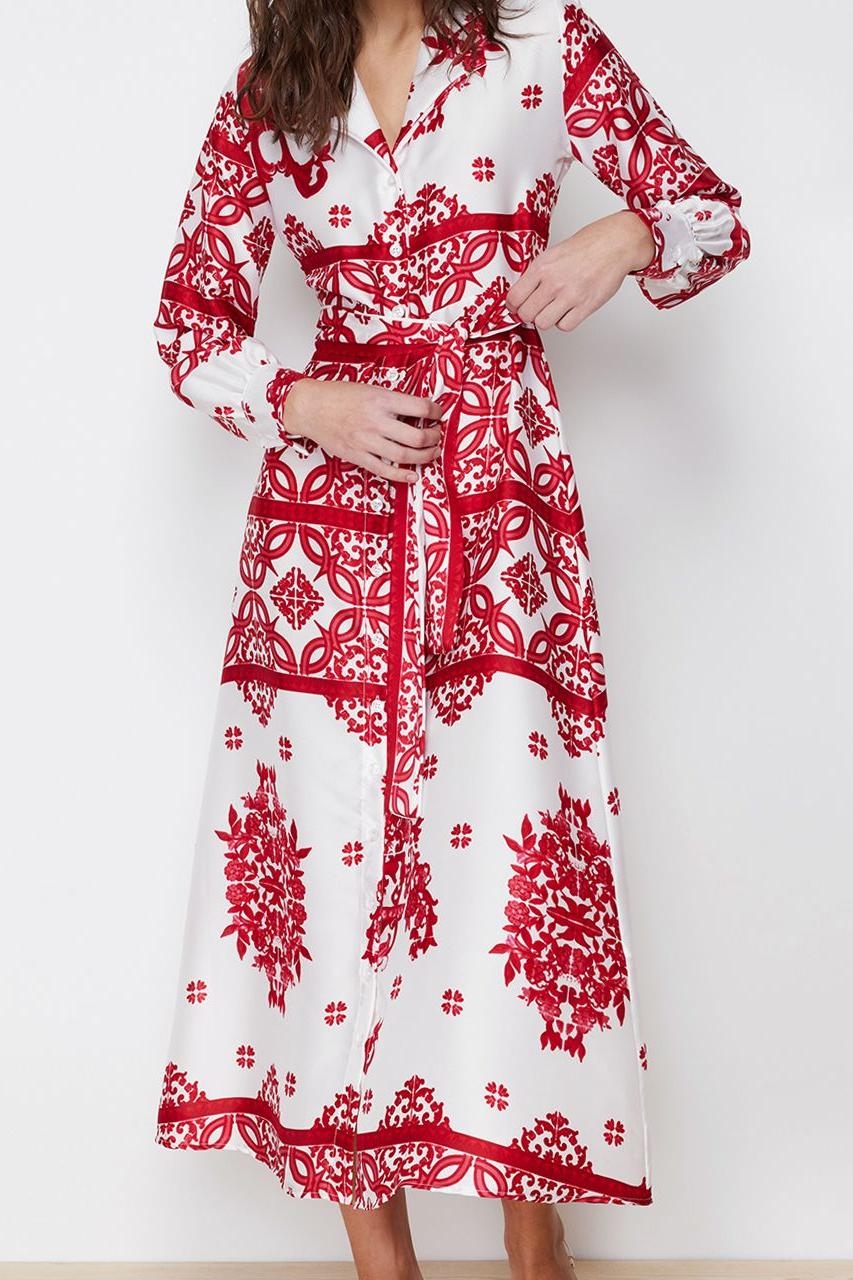 Moda Stil Regular Gömlek Yaka Maxi Boy Tesettür Dokuma Saten Desenli Gömlek Abiye Elbise