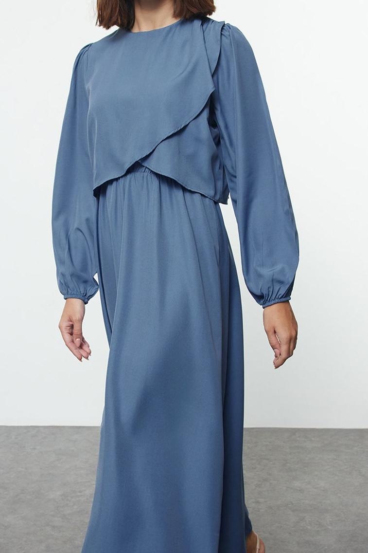 Moda Stil Fitted Bisiklet Yaka Uzun Tesettür Peplum Detaylı Dokuma Elbise