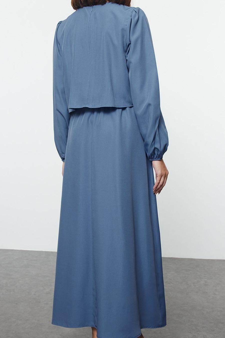 Moda Stil Fitted Bisiklet Yaka Uzun Tesettür Peplum Detaylı Dokuma Elbise