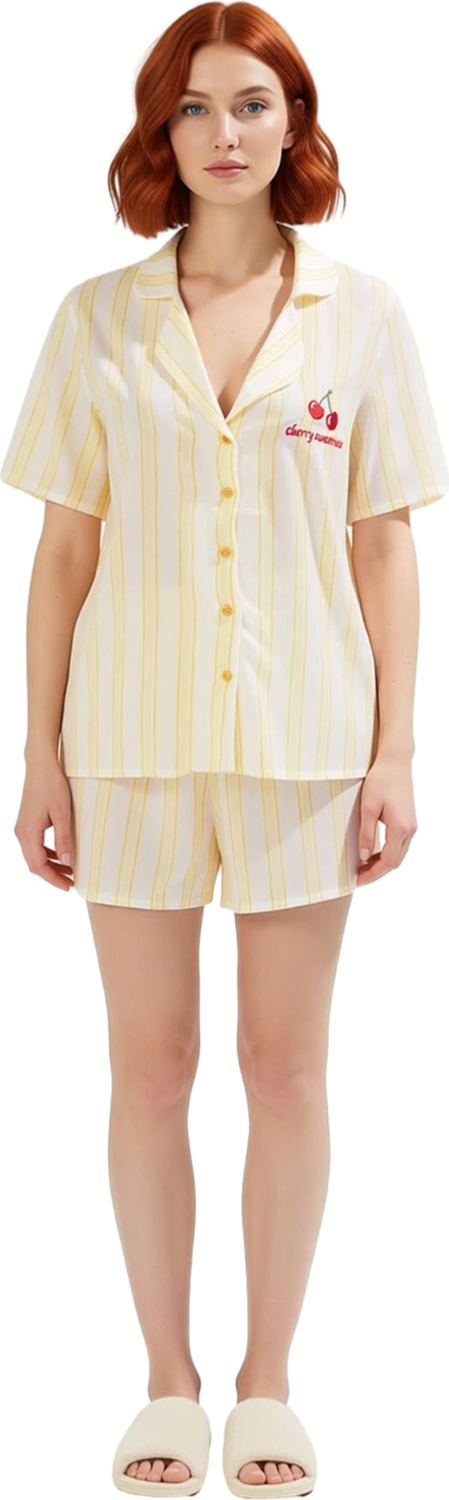 Kadın Çizgili Viskon Gömlek Şort Pijama Takımı Fonksiyonel Dayanıklı Kaliteli Konforlu Şık