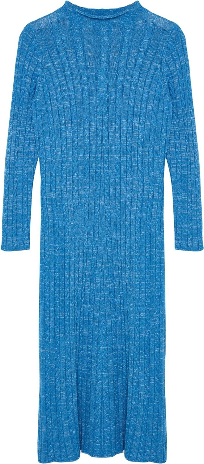 Moda Stil Fitted Dik Yaka Midi Boy Tesettür Denim Yıkamalı Saç Örgülü Triko Elbise