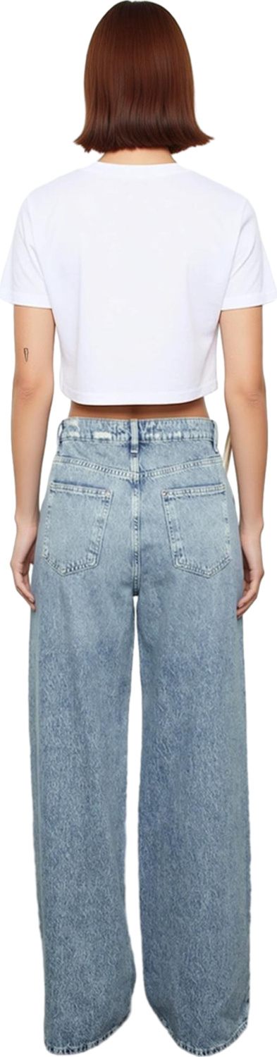 Kadın Yüksek Bel Geniş Paça Denim Pantolon Fonksiyonel Dayanıklı Kaliteli Konforlu Estetik