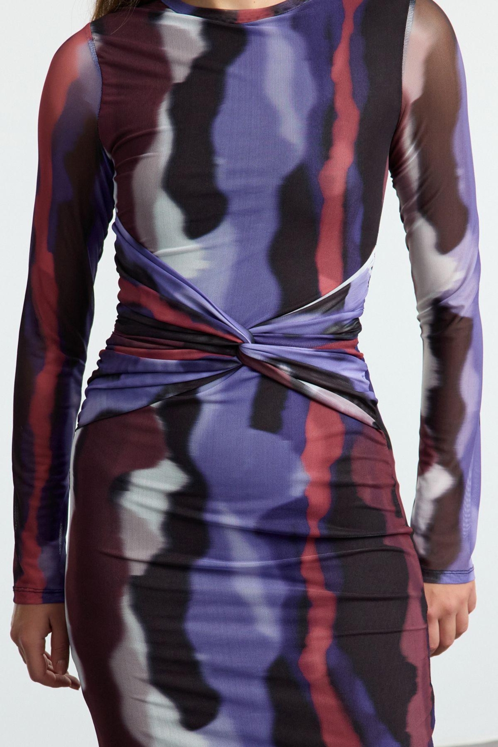 Moda Stil Slim Bisiklet Yaka Maxi Boy Çok Renkli Soyut Bağlama Detaylı Örme Elbise